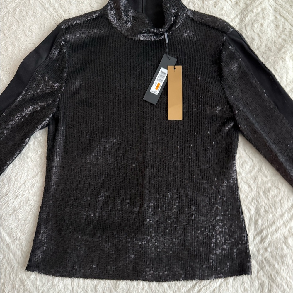 Donna Karan Black Sequin Turtleneck Top
